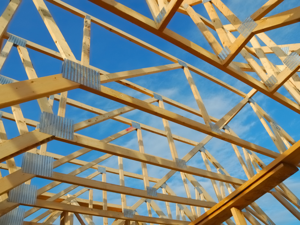 View of a house timber roof frame under construction