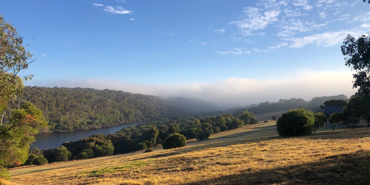 Landscape view of Margaret River showing river, bushland and fields.